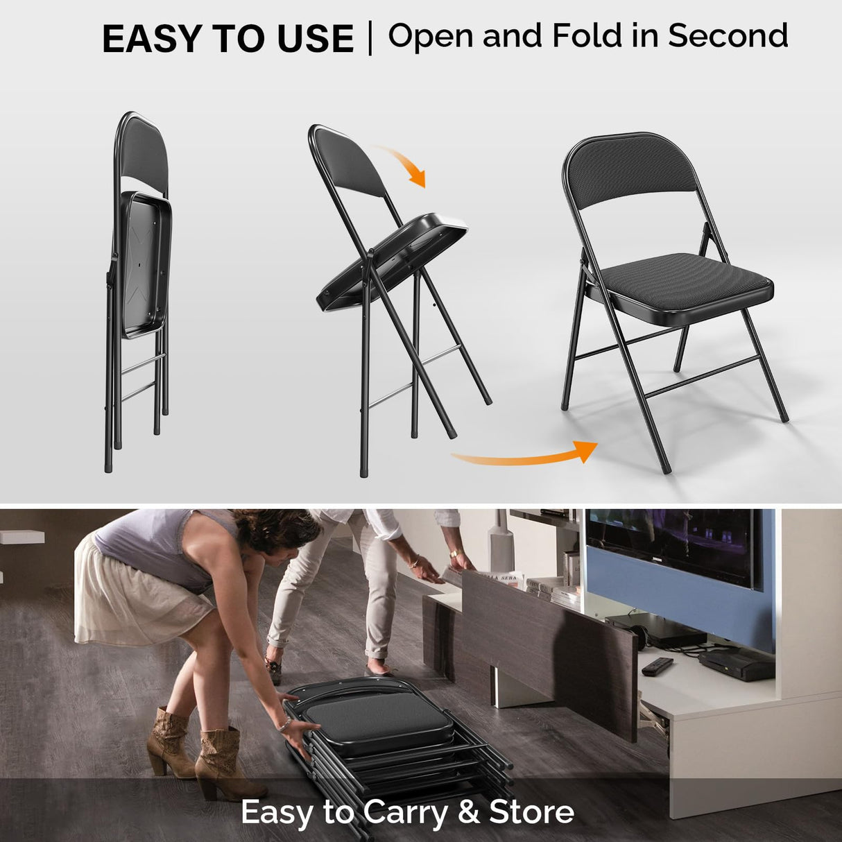 VINGLI Folding Chairs with Padded Seats, Metal Frame with Fabric Seat & Back, Capacity 350 lbs, Black, Set of 6 VINGLI