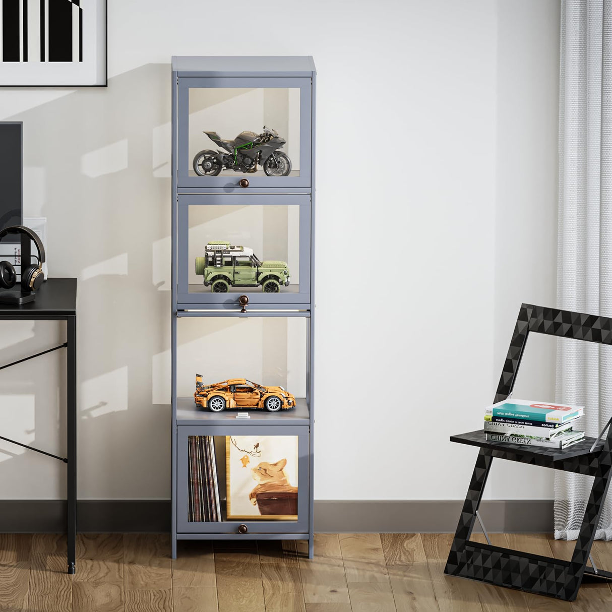 Athena Collection Curio Display Cabinet, 4-Tier Acrylic Display Shelf 55” Tall Display Case for Trophy Figures Curio Collectibles Display Shelves for Living Room Bedroom, Grey Athena Collection