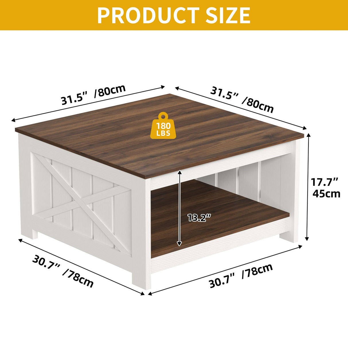 DWVO Farmhouse Coffee Table, Square Coffee Table with Storage, Rustic Wood Cocktail Table, for Living Meeting Room with Half Open Storage Compartment, Brown with White DWVO