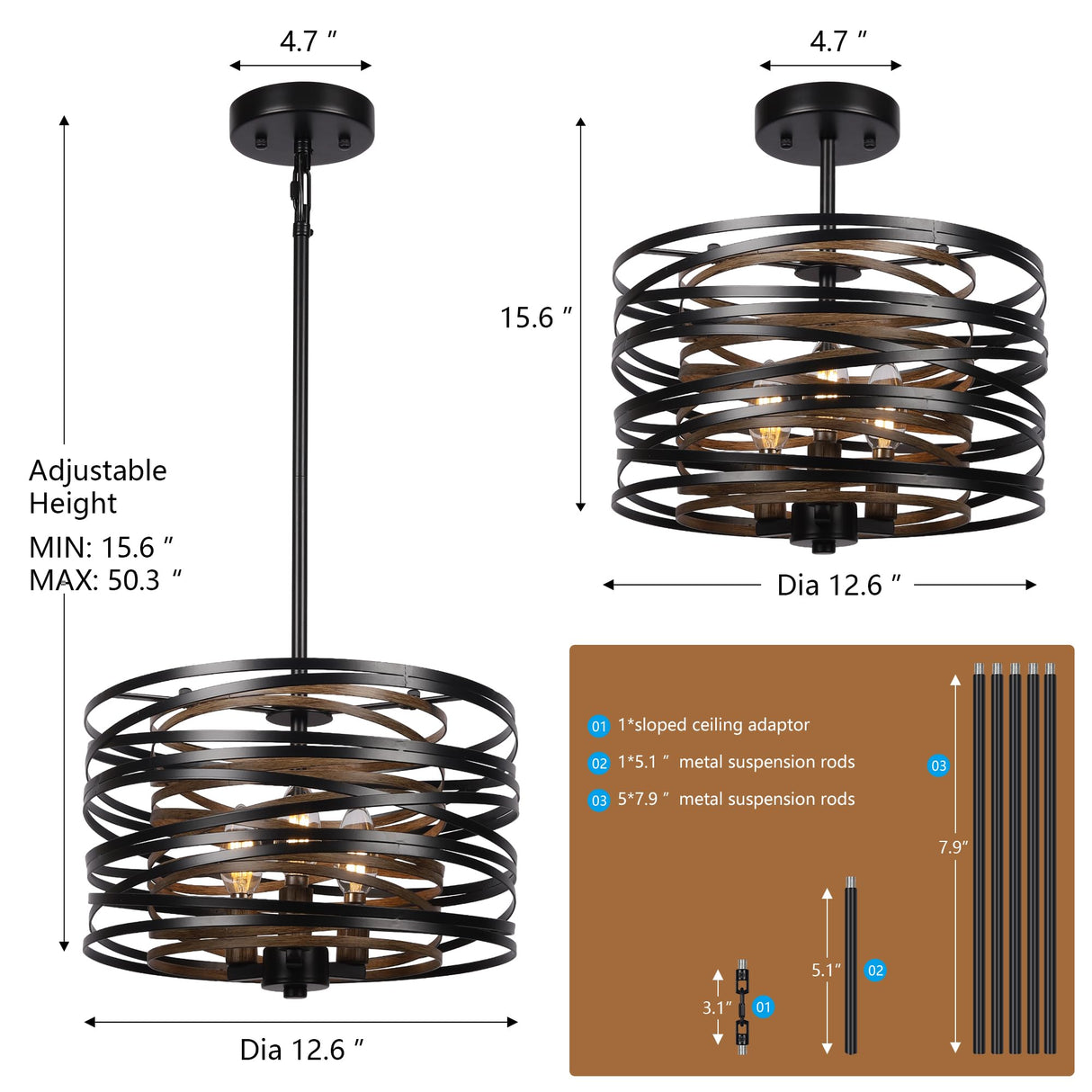 12.6'' Farmhouse Chandeliers for Dining Room, 3-Light Industrial Metal Hanging Light Fixture, Rustic Drum Pendant Light for Entryway Kitchen Foyer Bedroom, Black with Retro Wood Texture Interior ACNKTZ