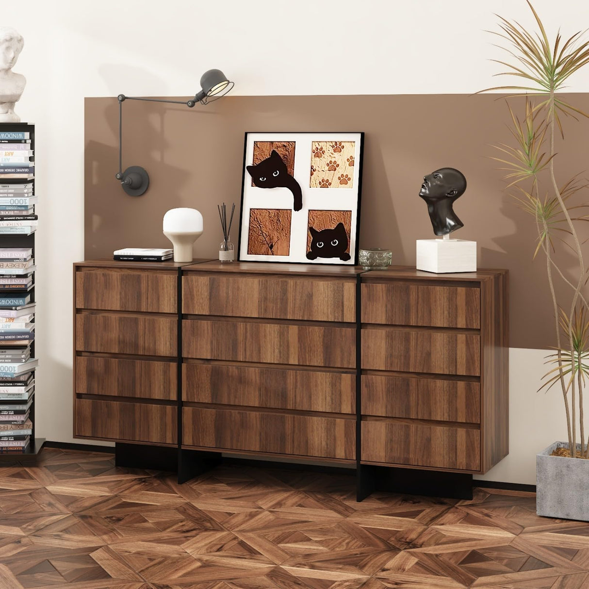 FAMAPY Dresser Chest of Drawers, 12 Drawer Dresser, Wood Modern Drawer Chest, for Bedroom Living Room Office, Brown and Black, Wood Grain, 15.7”D x 70.9”W x 35.4”H FAMAPY