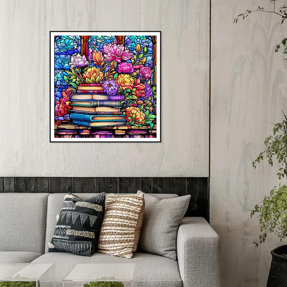 Stalente Diamond Painting Kits for Adults, 5D DIY Diamond Art Kits for Beginners Round Full Drill Diamond Painting for Home Wall Decoration Gift 12×12inch, Stained Glass Book Flower Stalente