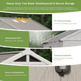 Patiowell 10x10 FT Outdoor Storage Shed, Plastic Shed with Floor and Skylight, Four-Window Resin Storage Shed with Lockable Door for Garden, Patio, Backyard, Beige Patiowell