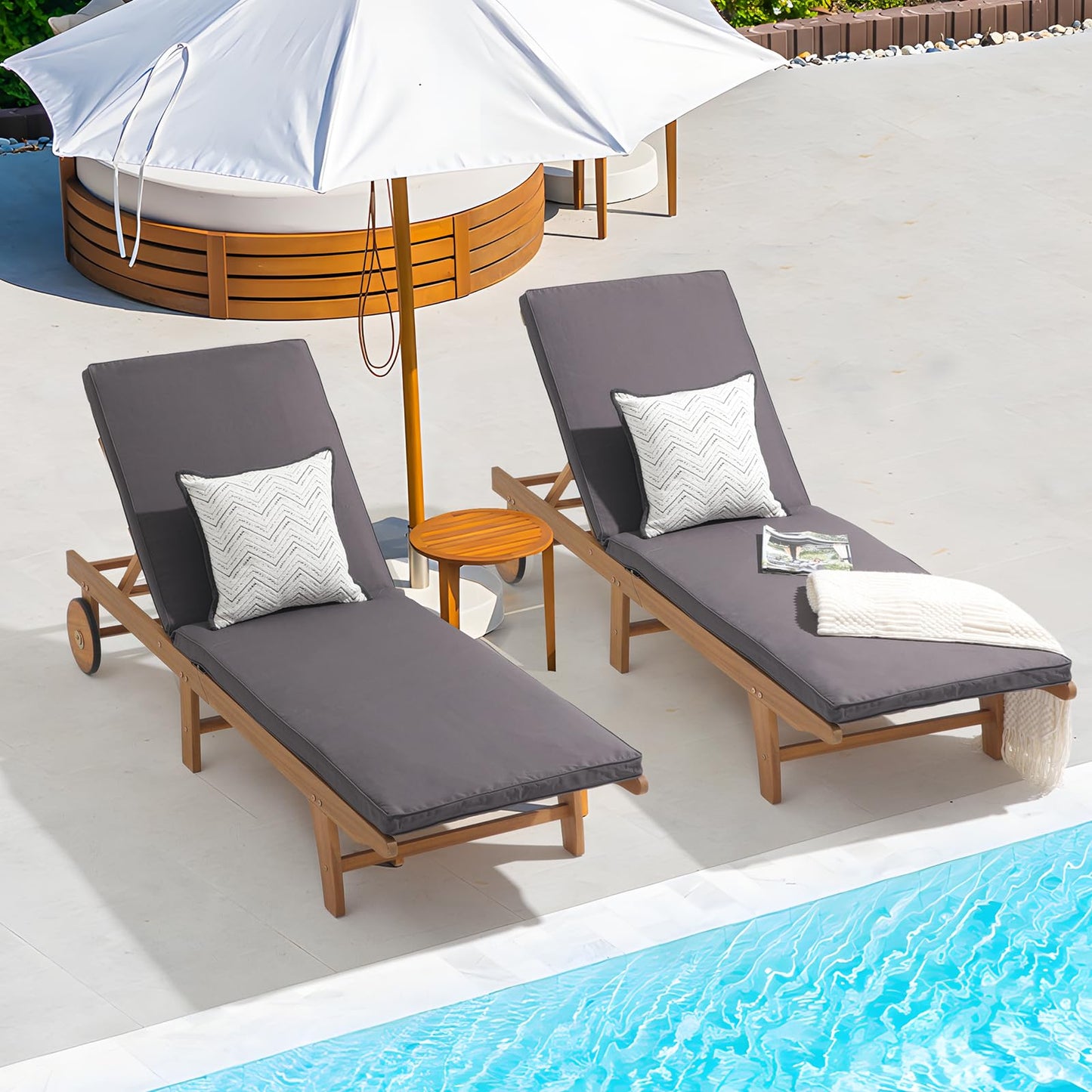 Patiorama Patio Acacia Wood Chaise Lounge Set of 2, Outdoor Folding Lounge Chair Recliner w/Adjustable Backrest, Wheels,Padded Cushion, Portable Sun Lounger Pool Chair for Deck,FSC Certified, - WoodArtSupply