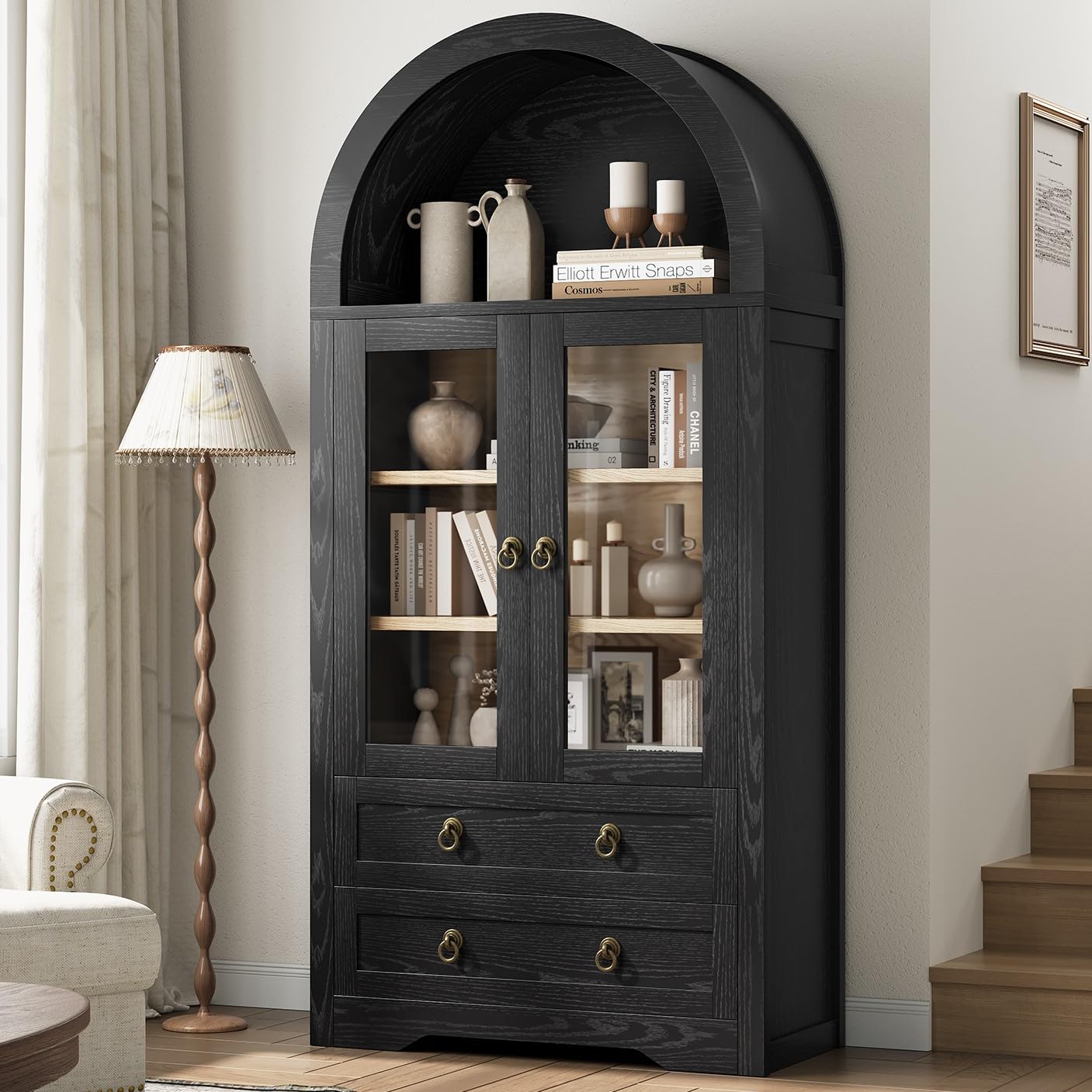 Kitchen Pantry Cabinet,Arched Cabinet,Pantry Cabinet, Arched Bookshelf/Bookcase,China Cabinet, 71“ Tall Pantry Storage Cabinet with Doors/Shelves/Drawers for Living Room, Kitchen, Dining Room,Black