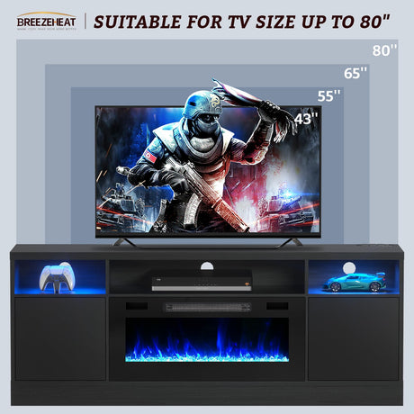 BREEZEHEAT Electric Fireplace TV Stand-Led Entertainment Center-70 inch TV Stand with 36" Electric Fireplace-Living Room Tv Cabinet with Storage for TVs Up to 80"，Modern Media Console (Black) BREEZEHEAT