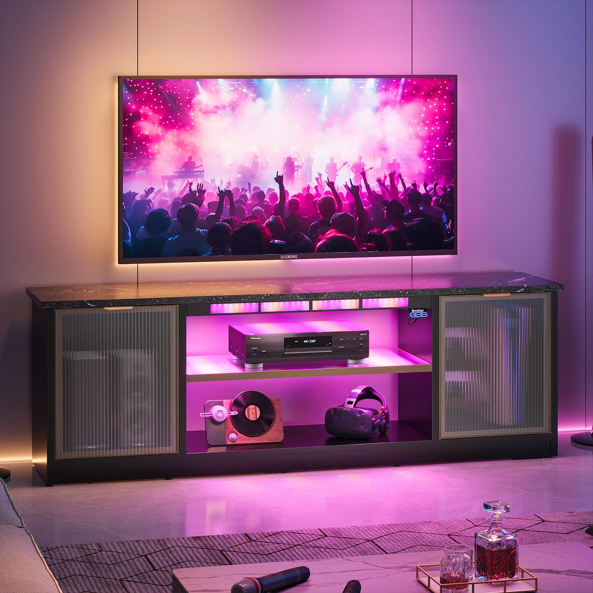 Bestier Gaming TV Stand with Music Sync Light, Flow Vibe Entertainment Center with Storage for PS5 Xbox, RGB LED Party Modes Television Stands for 50/55/60/65 inch TV (Black Marble, 57 inch) Bestier