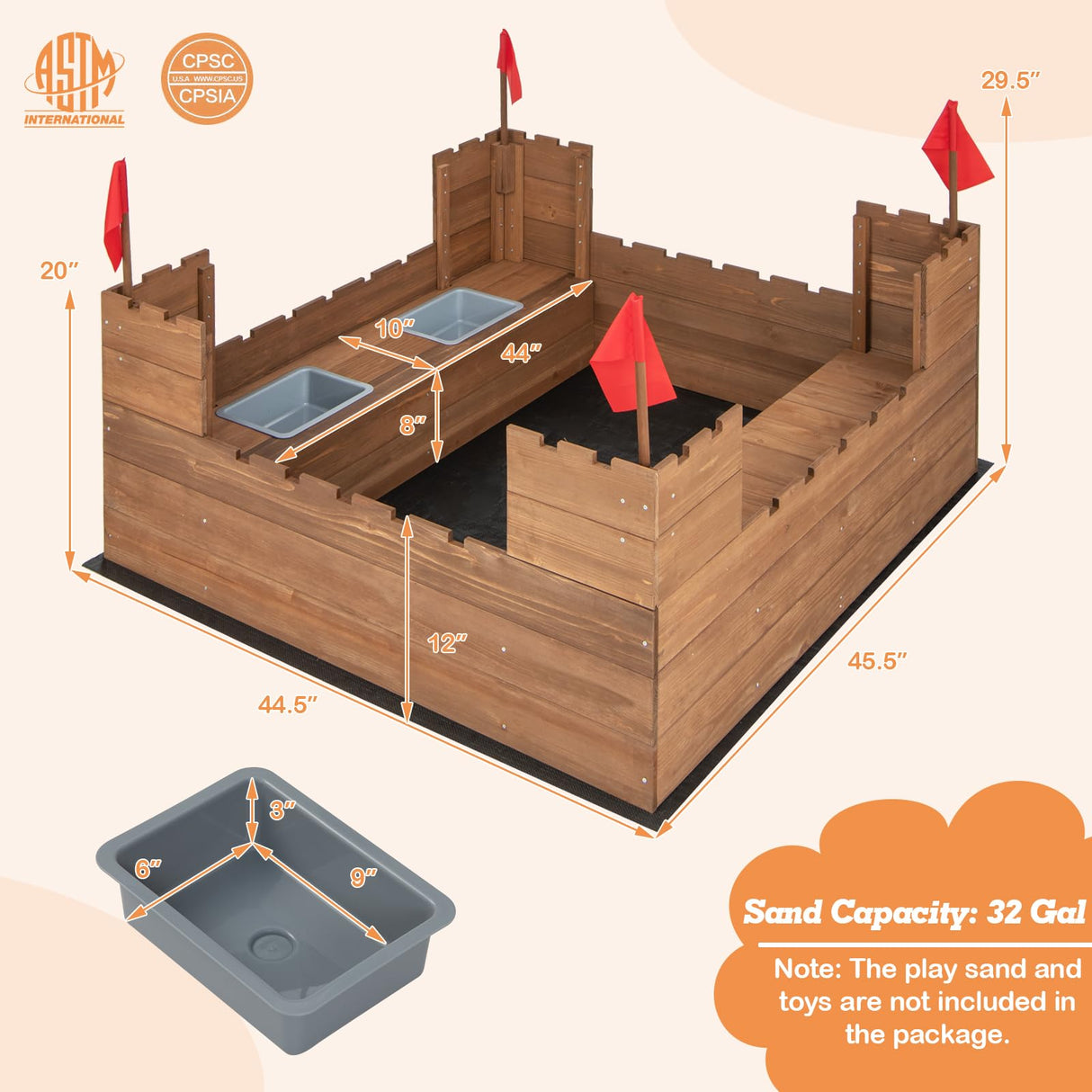 HONEY JOY Sandbox with Sand Wall, Cedar Bottomless Sand Pit for Backyard, 4 Red Flags & Bottom Liner, Side Bench & 2 Boxes, Wooden Sand Boxes for Kids Outdoor, Gift for Boys Girls HONEY JOY