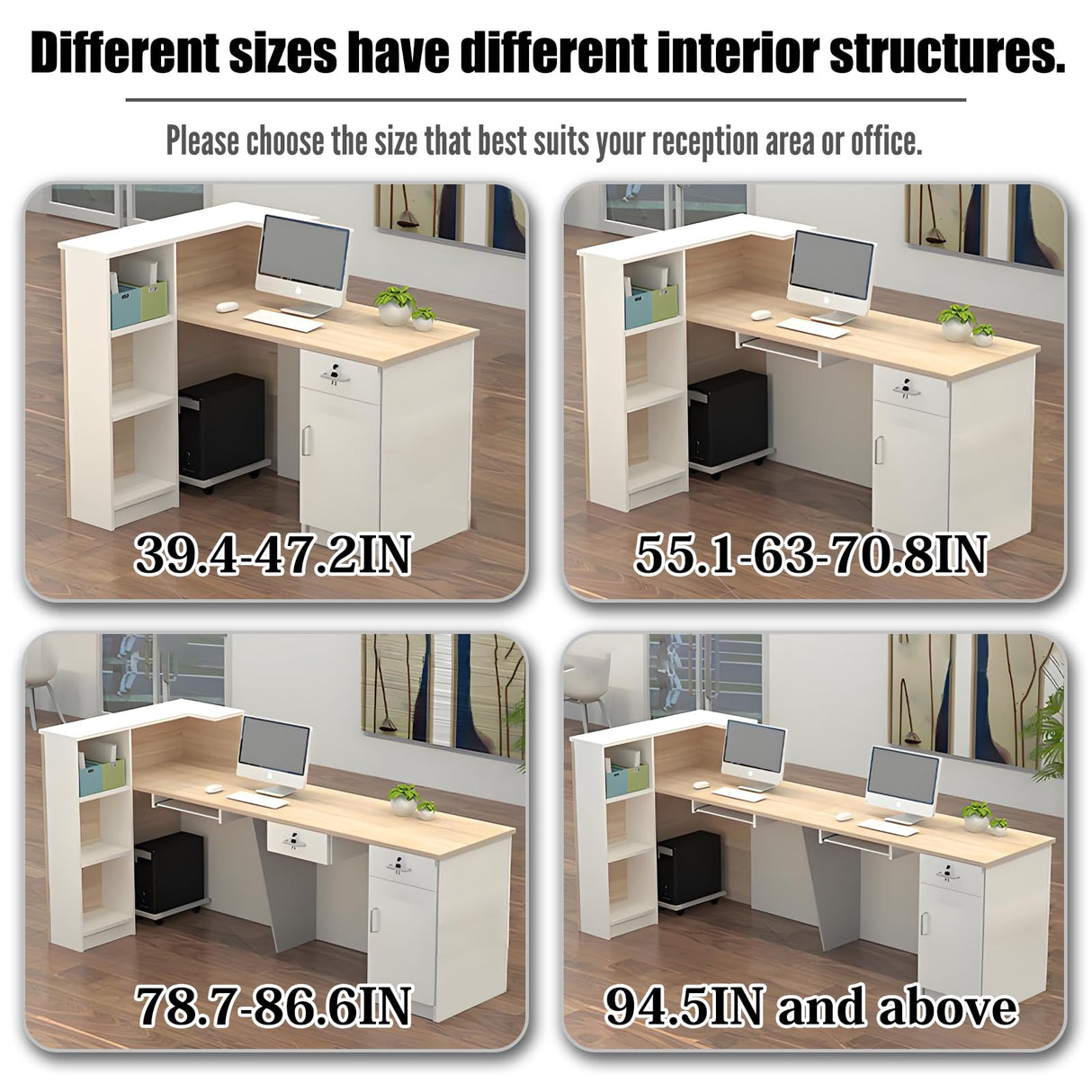 Reception Desk with Counter Modern, 39.4-118.1'', Solid Wood Ecological Board, Large Storage Space,Lockable Storage Drawers, Front Office Desk for Salon, Office, Lobby EQWZUPD
