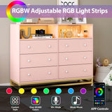 Pink Dresser for Bedroom, Wooden Modern 6 Drawers Long Dresser with Charging Station and Led Lights Design, Large Capacity Storage Chest of Drawers, Wide Drawers for Living Room, Hallway Garveehome