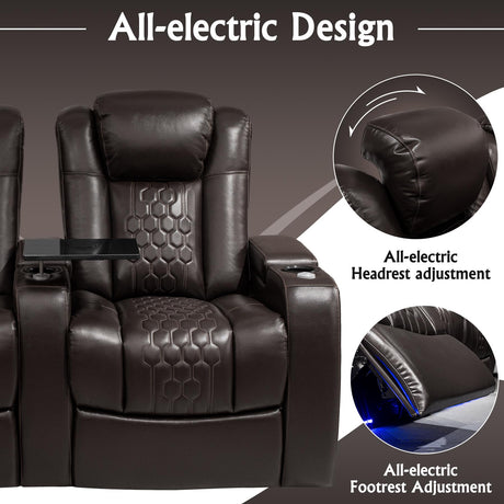 NMXUXMN Home Theater Seating,Top-Grain Leather Recliner Sofa, Zero Gravity Power Reclining Couch with Ambient LED Lights, Cup Holders & USB, Tray Table-Row of 4 Loveseat Left Coffee NMXUXMN