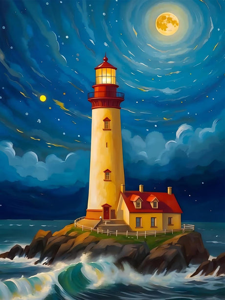 SuanFA Diamond Art Kits for Adult Lighthouse,5D Full Drill Diamond Art for Beginners -Moonlit Lighthouse with Starry Sky,Ocean Waves,12X16 in Adult Diamonds Painting Jewel Art Craft for Home Decor SuanFA