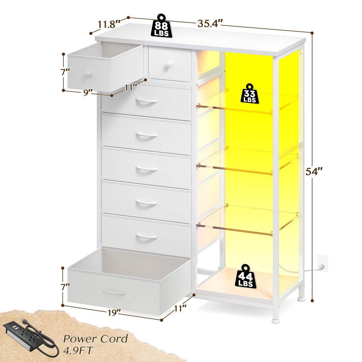 EnHomee Dresser for Bedroom with LED Lights & Power Outlets Dresser with 8 Drawers Fabric Dressers & Chests of Drawers for Bedroom, Sturdy Metal Frame, Acrylic Plates (White) EnHomee