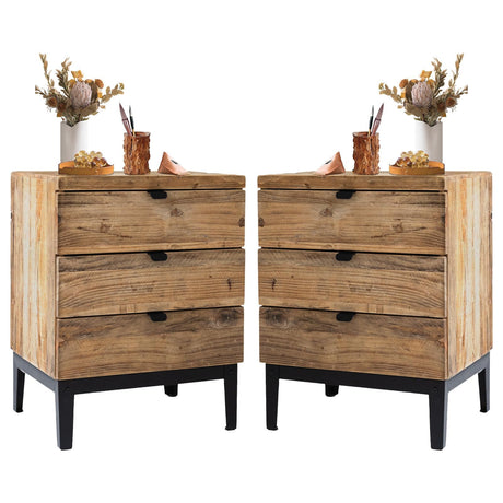 Wnutrees Farmhouse Nightstand Solid Wood Bedside Table with 3-Drawers Bedside End Tables Storage for Living Room, Hallway, Handmade Distressed, Natural, Set of 2 Wnutrees