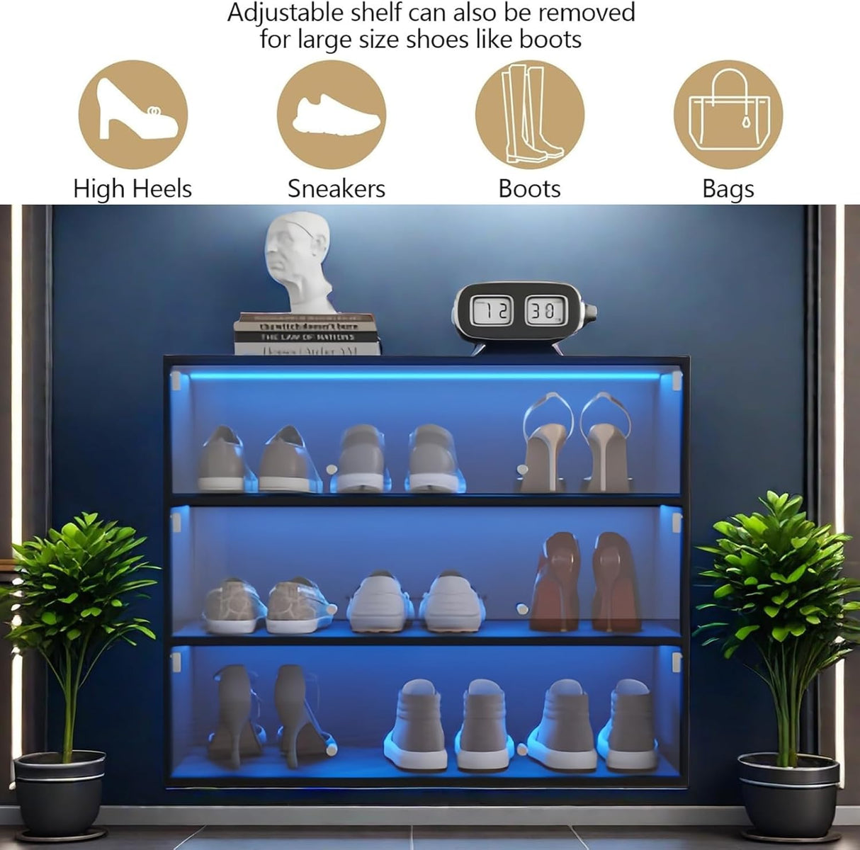 Shoe Storage Box - 3-Tier Wooden Shoe Storage Box with Flip Glass Door - Shoe Organizer Storage Box with RGB Led Light for Up to 9-12 Pairs of Shoes. (3 Tier) LGLRTD