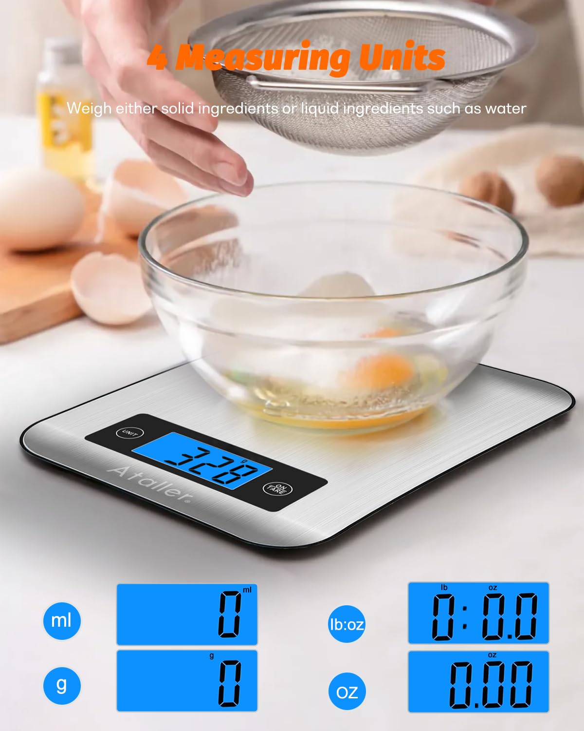 Ataller Smart Food Scales with Nutritional Calculator, Smartphone App with 26 Nutrients Tracking, Calorie, Marco, Digital Kitchen Weight Grams and Ounces for Weight Loss, 11 Pounds, Stainless Steel Ataller