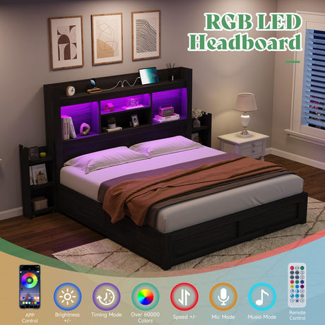 AMERLIFE Black Queen Bed Frame with 4 Storage Drawers, LED Bookcase Headboard and Charging Station AMERLIFE