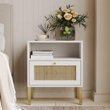 Natural Rattan Nightstands Set of 2, Accent End Table, Boho Bedside Table with 1 Hand Made Decorated Door for Living Room, Bedroom, White Angel Sar