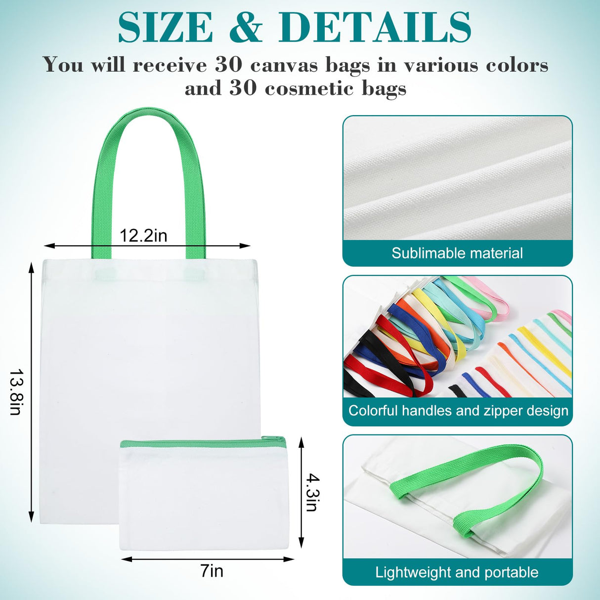 Sweetude 60 Pack Sublimation Canvas Tote bags Cosmetic Bags Bulk Reusable Blank Grocery Bags Printing Heat Transfer Makeup Bags Shopping Bags for DIY Craft Valentine Wedding Gift Sweetude
