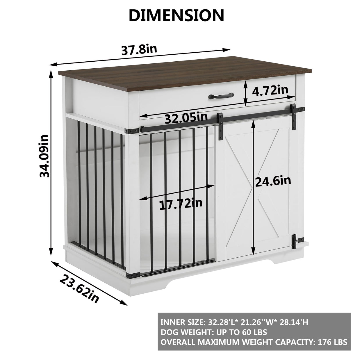 Aoowow Dog Crate Furniture 38" Wooden Dog Kennel Indoor with Sliding Barn Door,Heavy Duty Dog Crate Decorative Dog House with Drawer Dog Cage End Table for Small Medium Dogs,White Aoowow