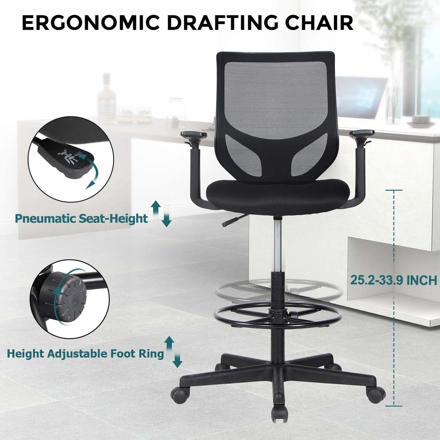 SMUG Drafting Chair, Tall Office Chair Tall Desk Chair with Adjustable Armrests, Counter Height Office Chairs for Standing Desk, Mid Back Mesh Office Drafting Chairs with Adjustable Foot Ring