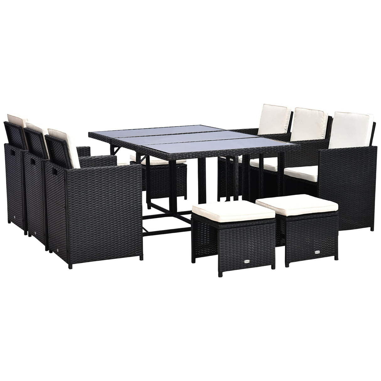 Outsunny 11 Pieces Patio Wicker Dining Sets, Space Saving Outdoor Sectional Conversation Set, with Dining Table, Ottoman and Chair & Cushioned for Lawn Garden Backyard, Cream White Outsunny