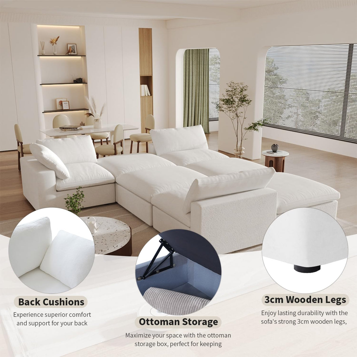 Cloud Modular Sectional Sofa with Storage Ottoman,120.45" L Shaped Couch for Living Room,Down Filled Convertible Couch Deep Seat for Office Apartment,Covers Washable&Replaceable,White WJShome