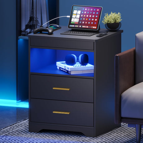MDGC Nightstand with Lockable Gun Drawer,3 Color Dimmable LED End Table with Charging Station,Bedside Table with Auto Sensor Light,Smart Night Stand with USB-C Ports and 3 Drawers,Bedroom MDGC