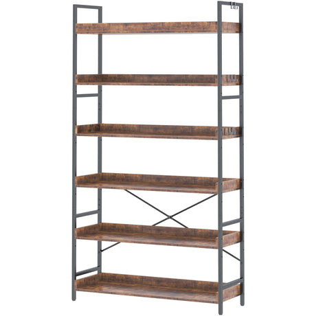 HCHQHS Bookshelf, Adjustable Industrial Bookcase, Vertical Tall Book Shelf, Wood and Black Metal Open Bookshelves for Home Office, Living Room, Bedroom (Rustic Brown, 6-Tier (31" W x 70" H)) HCHQHS