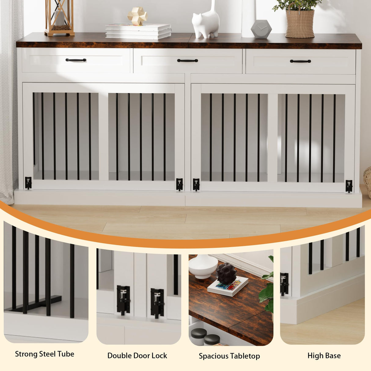 71 inches Extra Large Dog Crate Furniture for 2 Dogs Indoor Wooden Dog Kennel Furniture Large Breed Heavy Duty Dog Crates TV Stand with Removable Divider White NEBZHASK