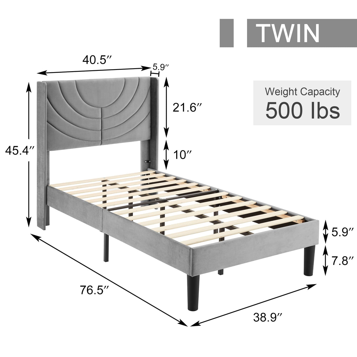 VECELO Twin Size Upholstered Platform Bed Frame with Stylish Fabric Headboard in Dark Grey VECELO