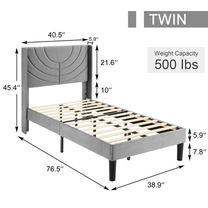 VECELO Twin Size Upholstered Platform Bed Frame with Stylish Fabric Headboard in Dark Grey - WoodArtSupply