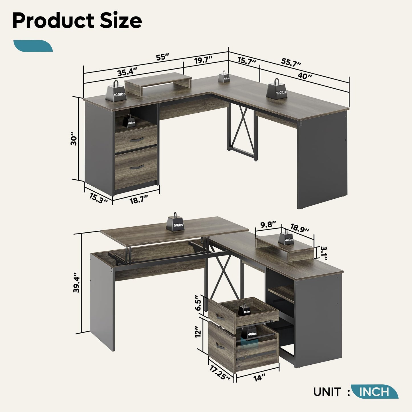 Bestier Lift Top L Shaped Desk with File Drawer, 55'' x 55'' Office Desk with Reversible Storage Drawers, L Shaped Standing Desk with Computer Monitor Stand (Retro Grey Oak Dark, 55'' x 55'')