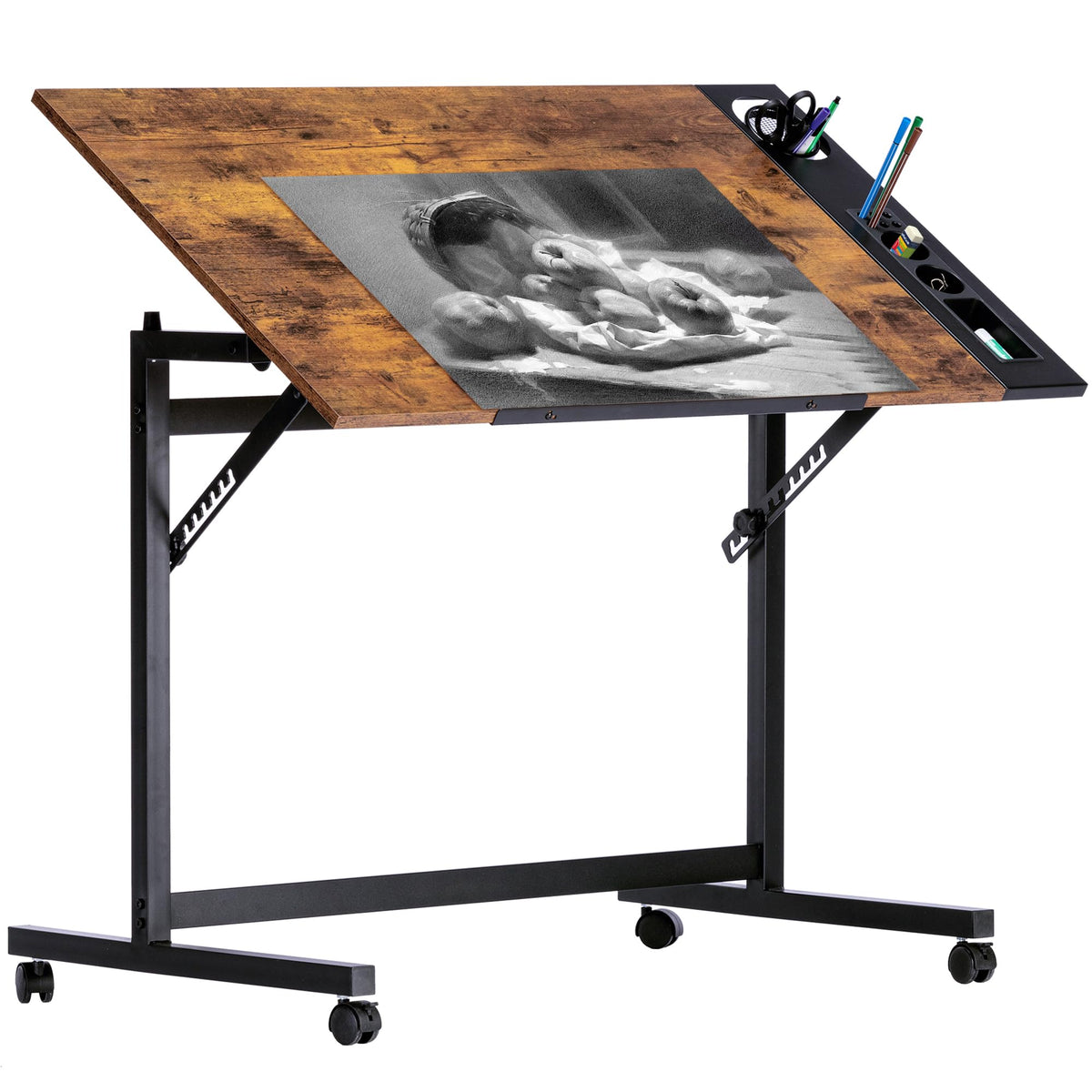 VECELO Vintage Drawing Drafting Table, Adjustable Tilting Top Art Desk ...
