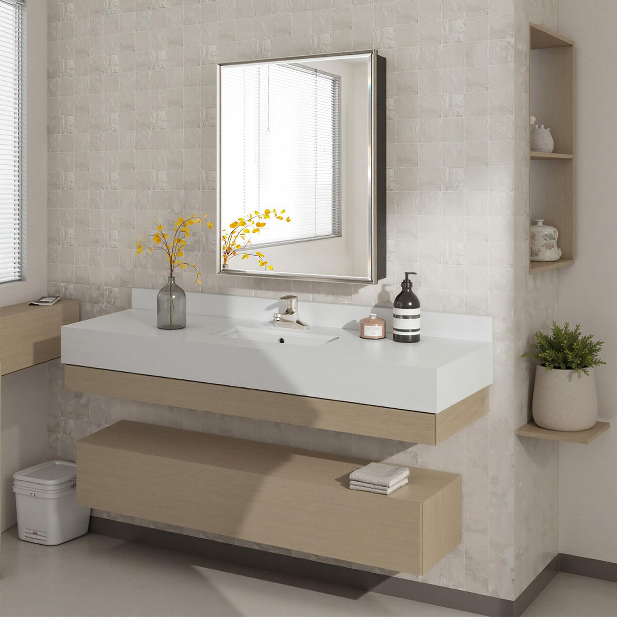 QueenFun 24''x 30'' Brushed Nickel Medicine Cabinet, Recessed or Surface Framed Medicine Cabinet with Beveled Mirror Pre-Assembled, Reversible Bathroom Storage Vanity Cabinet with Adjustable Shelves QueenFun