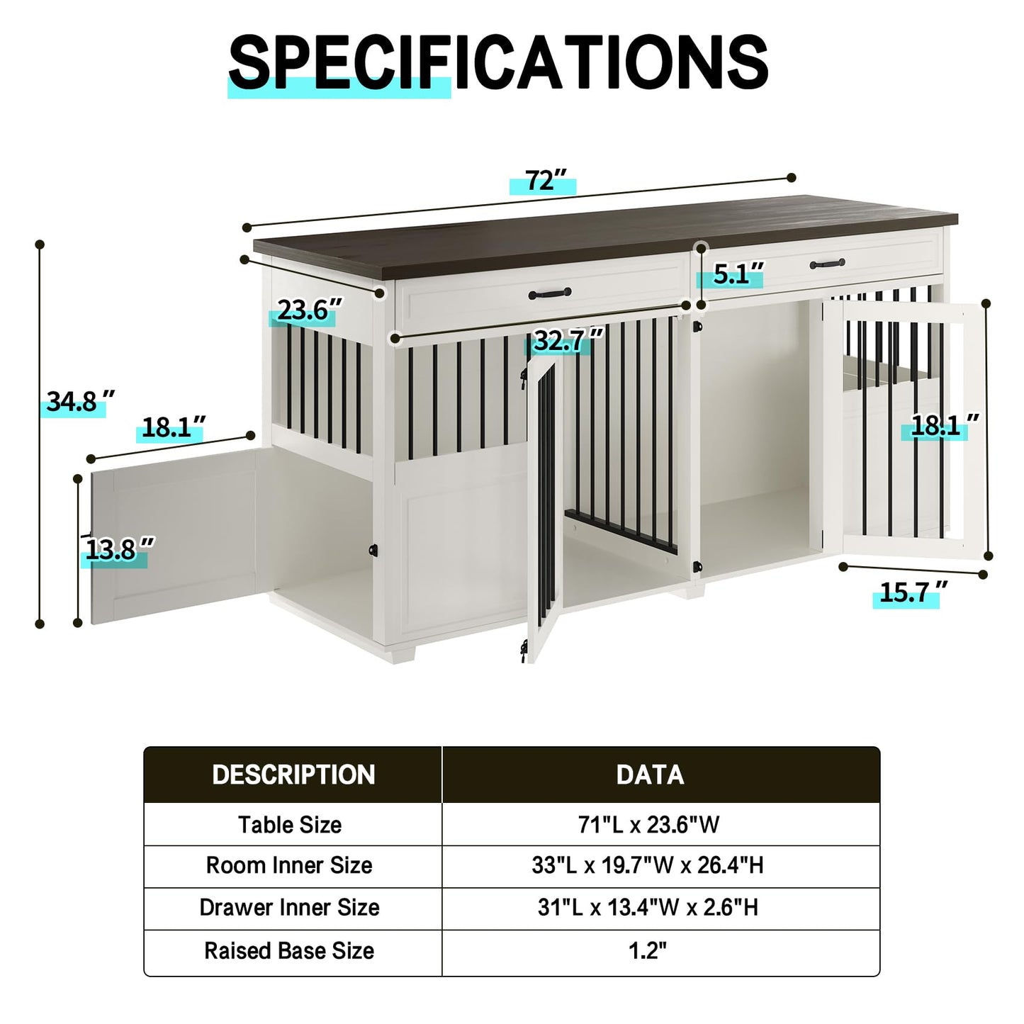 Dog Crate Furniture - Indoor Wood Dog Kennel Furniture 4 Doors with Divider and 2 Drawers - 72" L x 23.6" W x 34.8" H, White - WoodArtSupply