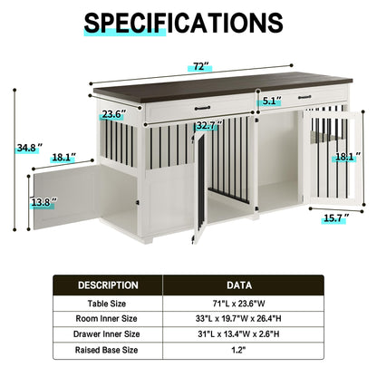 Dog Crate Furniture - Indoor Wood Dog Kennel Furniture 4 Doors with Divider and 2 Drawers - 72" L x 23.6" W x 34.8" H, White - WoodArtSupply