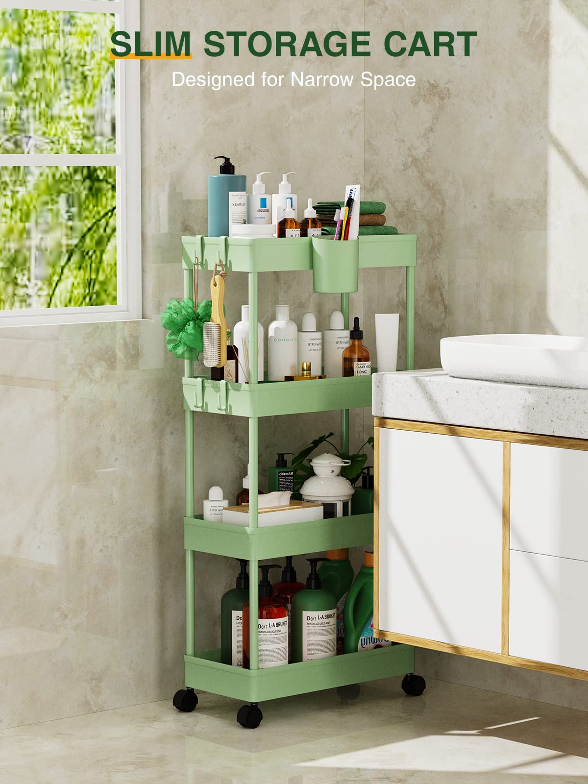 LEHOM Slim Rolling Storage Cart - 4 Tiers Bathroom Organizer Utility Cart Slide Out Storage Shelves Mobile Shelving Unit for Kitchen, Bedroom, Office, Laundry Room, Small Narrow Spaces, Green LEHOM
