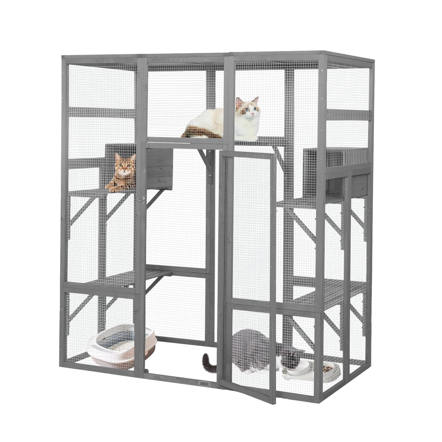 ISDAY Extra Large Outdoor Cat House Wooden Cat Cage Waterproof Roof Catio Outdoor Cat Enclosure - Cat Play & Run Enclosures Cat Playpen Window Cats Crate with 7 Platform and 2 Resting Box (Gray)