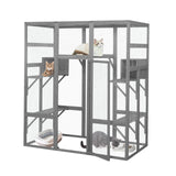ISDAY Extra Large Outdoor Cat House Wooden Cat Cage Waterproof Roof Catio Outdoor Cat Enclosure - Cat Play & Run Enclosures Cat Playpen Window Cats Crate with 7 Platform and 2 Resting Box (Gray) Generic