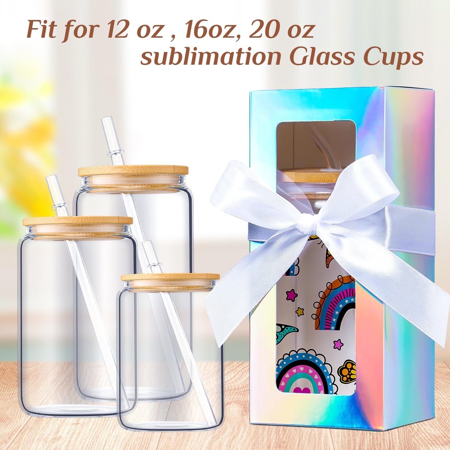 FillTouch 60 Pcs Gift Boxes with Ribbon for Sublimation Glass Exhibition Boxes Transparent Gift Box for 12oz 16oz 20oz Drinking Glasses Jar Sublimation Glass Can Blank Tumbler Gift Box (Laser Color)