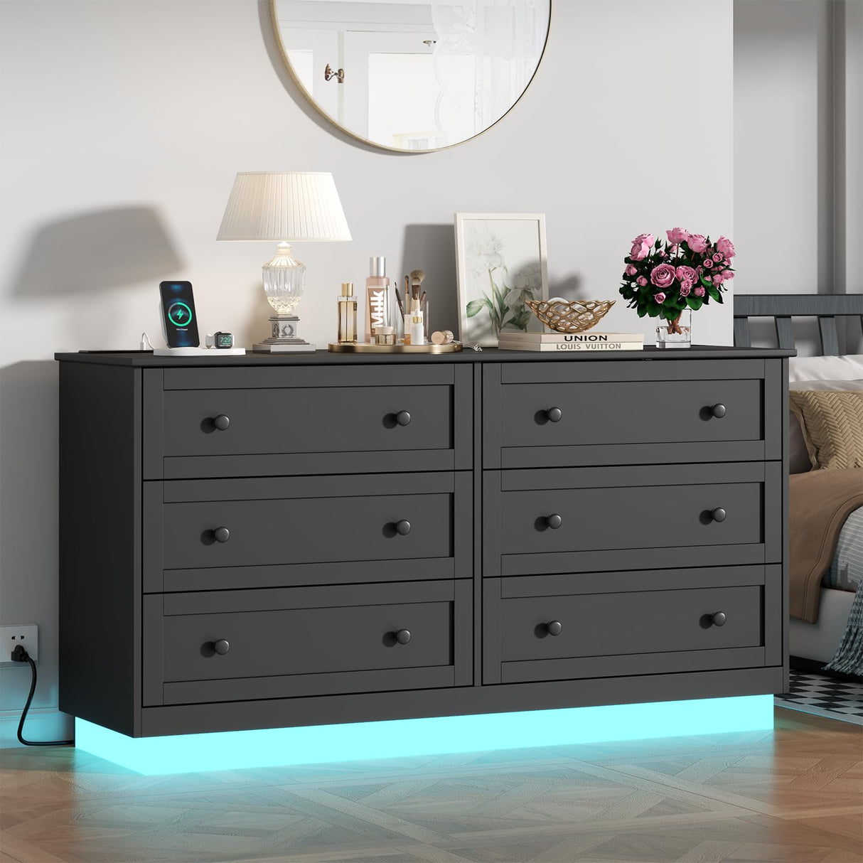 Loomie 6 Drawer Dresser with Power Outlet, Modern Chest of Drawers with Led Light, Double Wide Drawer Organizer Cabinet, Black Dresser for Bedroom, Living Room Loomie