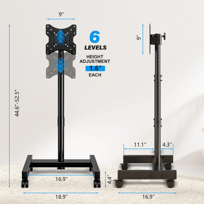 YOMT Mobile TV Cart Rolling TV Stand for 13-50 inch Screens, Tilting and Rotating Mount, Portrait to Landscape, Height Adjustable Portable TV Stand with Wheels Holds up to 44lbs Max VESA 200x200mm