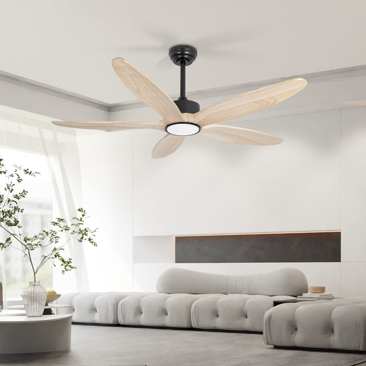 Wozzio 5 Wood Blades Ceiling Fan with Light and Remote,Quiet Reversible DC Motor,6 Wind Speed,LED Dimmable and Memory,for Bedroom/Patios/Living Room,52 inch,Natural Wood Blades Wozzio