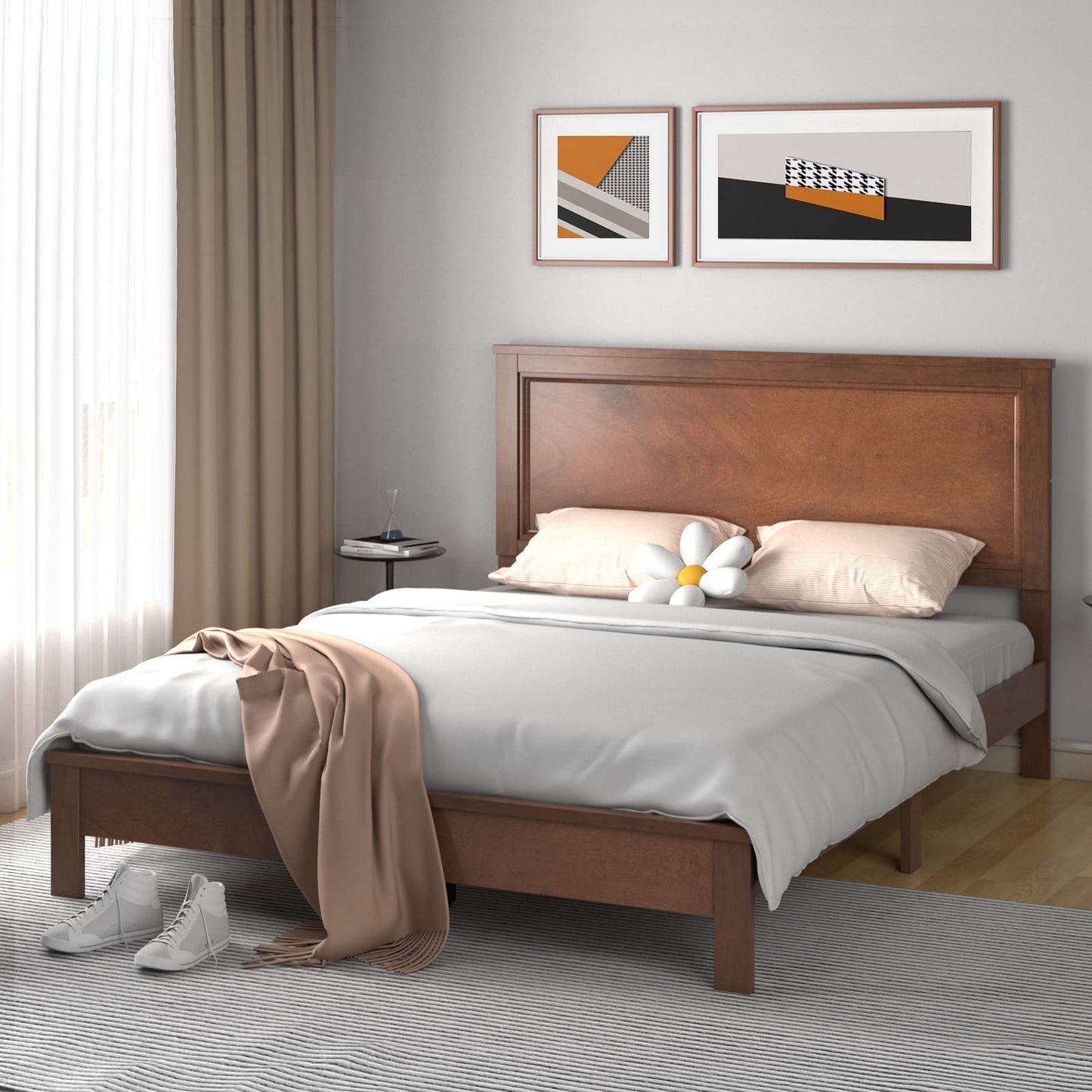 KOMFOTT Mid Century Queen Bed Frame with Headboard – Solid Wood Slats & Easy Assembly - WoodArtSupply