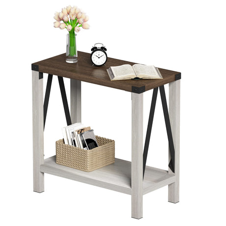ChooChoo Farmhouse End Table for Small Spaces, Narrow Side End Table with Storage Shelf, Rustic A-Design Nightstand Sofa Table for Living Room, Bedroom (White & Brown) ChooChoo