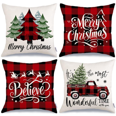 GEEORY Merry Christmas Throw Pillow Covers 18x18 Inch Set of 4, Xmas Trees Truck Buffalo Plaid Believe Farmhouse Decorative Cushion Cases for Home Decoration G421-18 GEEORY