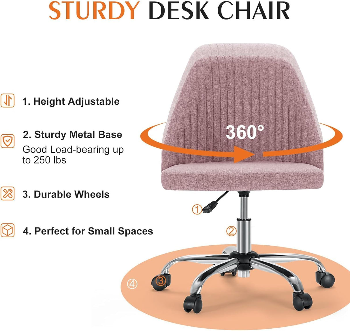 Simple Deluxe Armless Office Desk Chair, Cute Swivel Vanity Chair with Mid Back, Comfy Office Chairs with Rolling Wheels, Adjustable Computer Task Chair for Adults, Make-up, Dressing Room, Pink Simple Deluxe