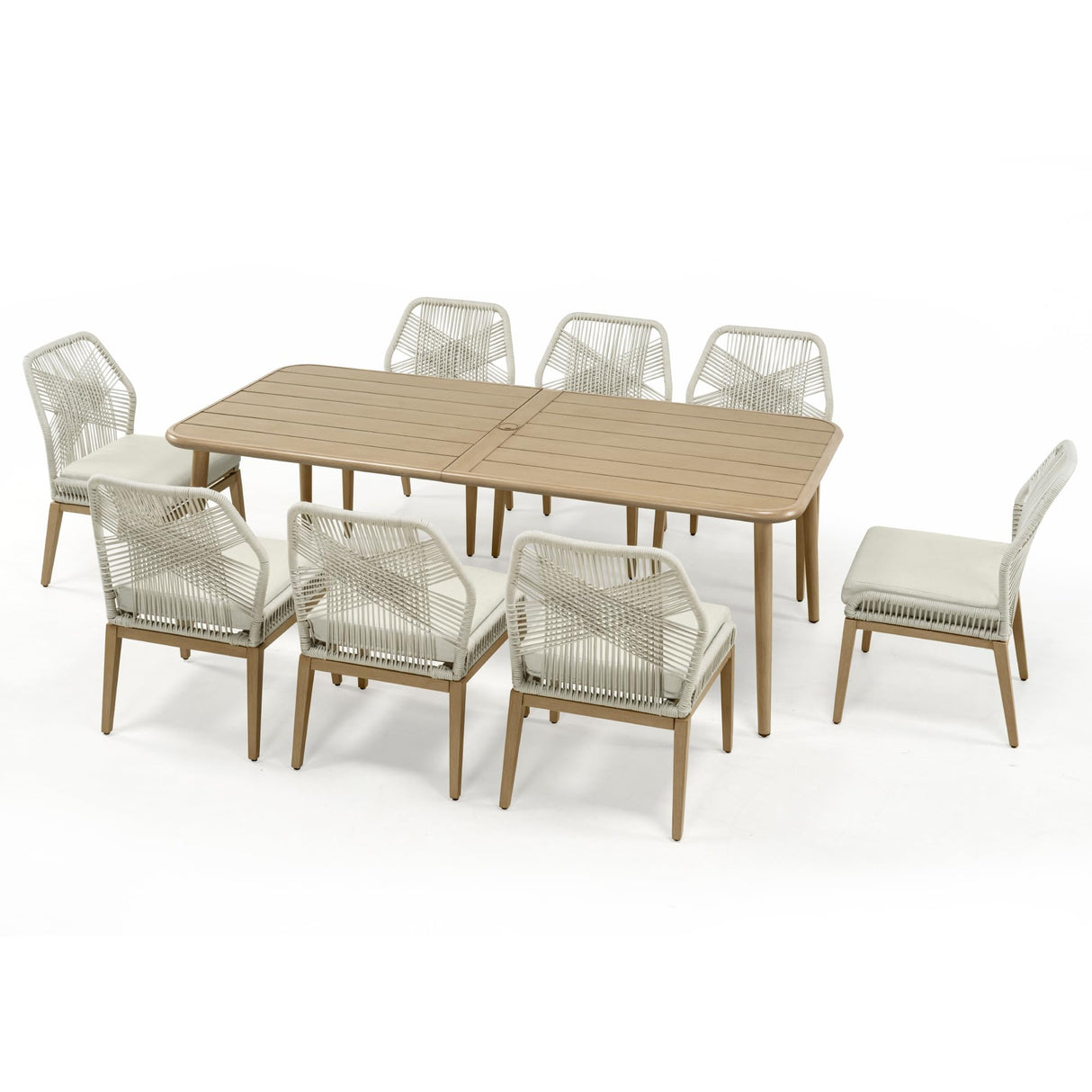 LUXIJOY Patio Dining Set 9-Piece Outdoor, Wood-Grain Aluminum Table with Umbrella Hole, Outdoor Table and Chairs Set with Removable Cuhsion, Woven Rope Back Chairs for Lawn, Garden, Backyard LUXIJOY