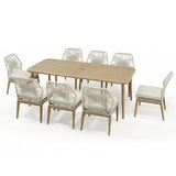 LUXIJOY Patio Dining Set 9-Piece Outdoor, Wood-Grain Aluminum Table with Umbrella Hole, Outdoor Table and Chairs Set with Removable Cuhsion, Woven Rope Back Chairs for Lawn, Garden, Backyard LUXIJOY
